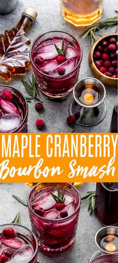 some cranberry bourbon smash in glasses with ice and garnish on the side