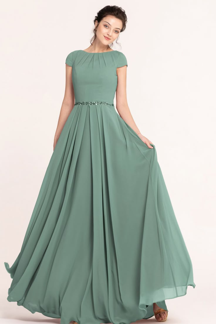 Modest LDS Eucalyptus Chiffon Bridesmaid Dresses Bridesmade Gown Design, A Line Bridesmaid Dresses With Sleeves, Bridesmaid Dresses Conservative, Classy Dresses With Sleeves, Formal A Line Dresses, Indian Dress Outfits, Boat Neck Dress Designs, Elegant Bridesmaid Dresses With Sleeves, Plain Prom Dresses