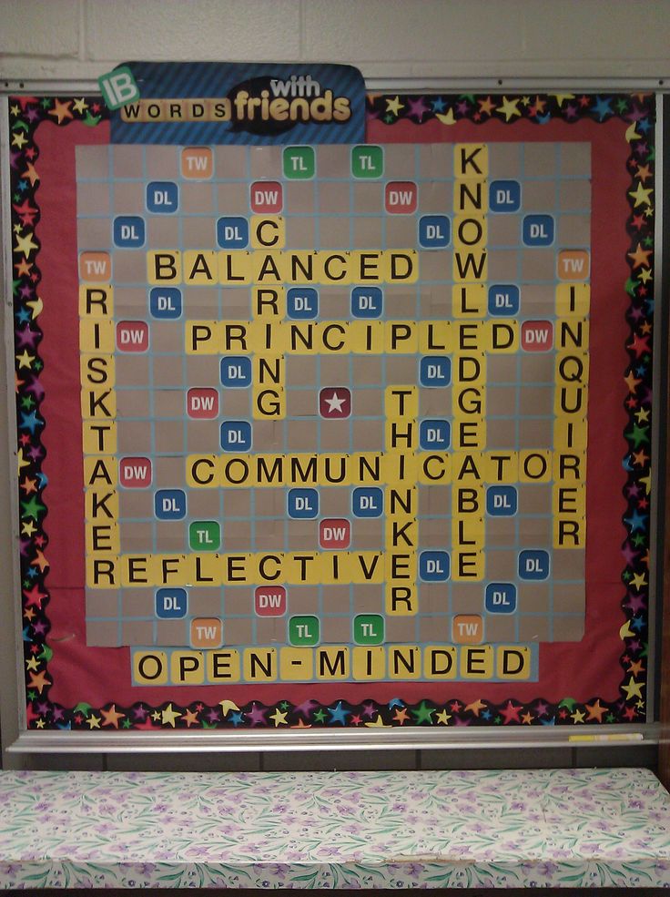 a bulletin board with words written on it in front of a bench and wall behind it