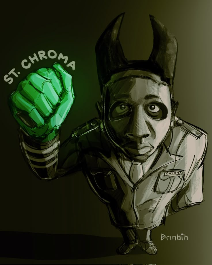 a drawing of a man with horns on his head holding up a green hand sign