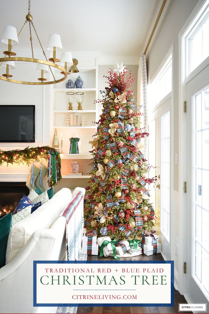 a decorated christmas tree in the corner of a living room