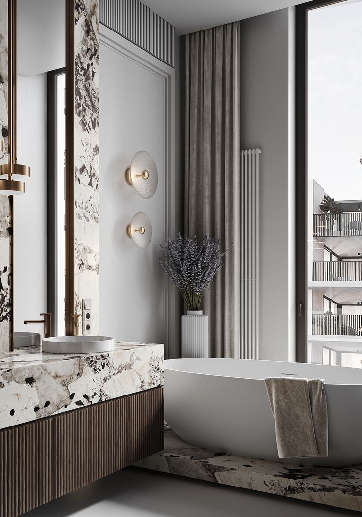 a white bath tub sitting next to a tall window in a room with large windows