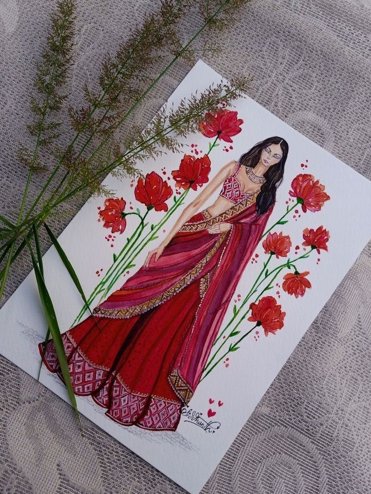 a drawing of a woman in a red dress surrounded by flowers and grass on a gray surface