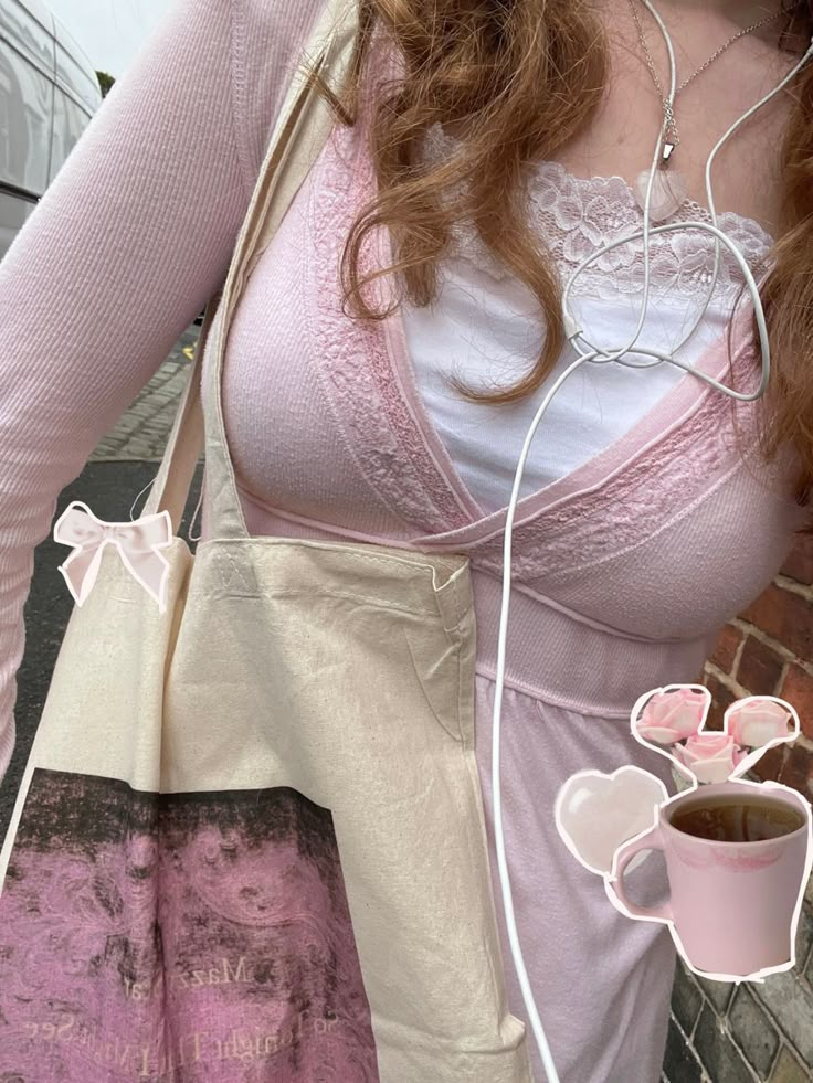 a woman in pink shirt holding a cup of coffee and headphones on her ear