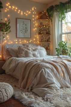 a bedroom decorated with lights and furs on the floor, along with a bed covered in blankets