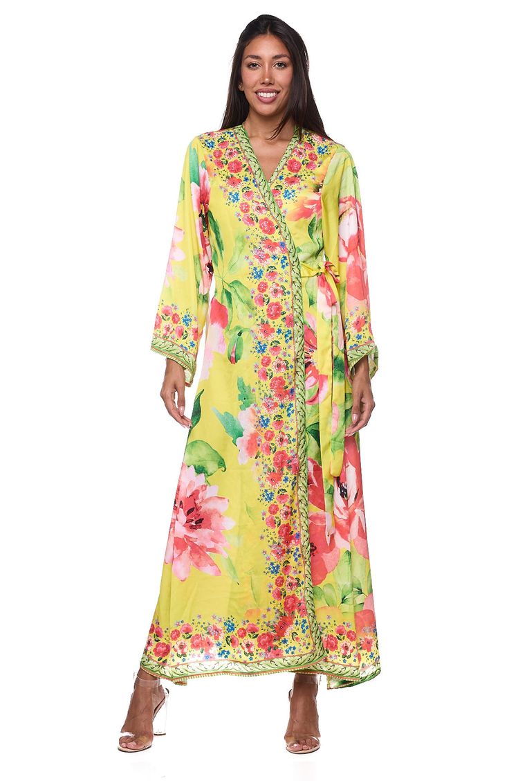 Go from beach to boardwalk in this sun-ready cover-up duster that's secured with a front tie and rendered in a bright print. Shawl collar Long sleeves Integrated waist tie 100% polyester Hand wash, dry flat Imported Vibrant Spring Kimono With Vibrant Print, Vibrant Spring Vacation Cover-up, Spring Vacation Robe With Long Sleeves, Spring Vacation Long Sleeve Robe, Long Sleeve Robe For Spring Vacation, Spring Vacation Kimono With Vibrant Print, Spring Multicolor Print Kimono For Beach, Spring Poolside Printed Cover-up, Spring Beach Kimono With Multicolor Print