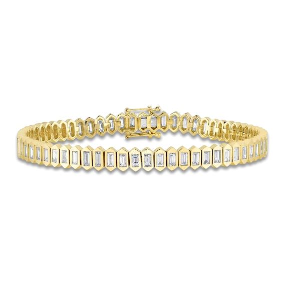 Show your savvy style with this baguette-cut diamond bracelet from Shy Creation®. 14K yellow gold Each polished hexagon link showcases a bezel-set baguette-cut diamond Total diamond weight is a shimmering 2 7/8 carats 7 inches; tongue clasp Baguette Diamond Bracelet, Jewelry Style Guide, Wedding Band Styles, Tennis Style, Jewelry Staples, Jared The Galleria Of Jewelry, Baguette Cut Diamond, Diamond Anniversary, Jewelry Rings Diamond