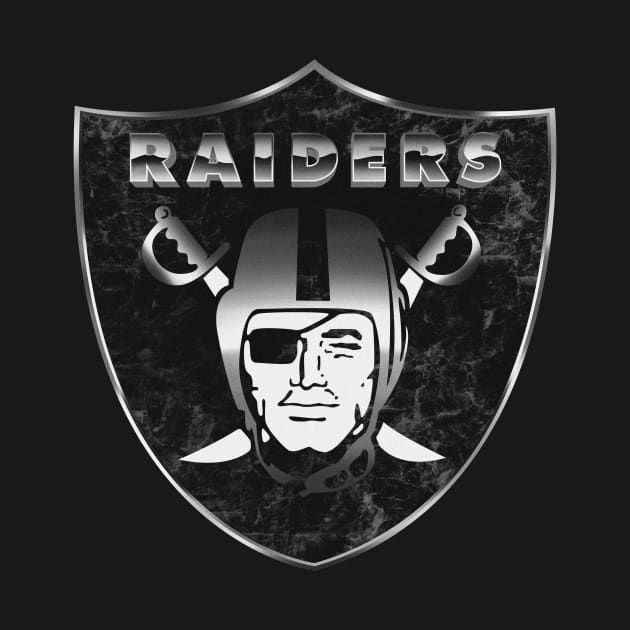 the oakland football team logo on a black and silver shield with an image of a man's face