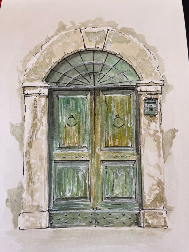 a drawing of an open green door on a white wall