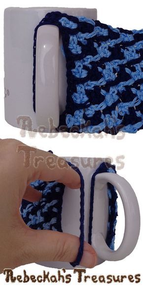 a hand holding a coffee cup holder with crocheted blue and white yarn on it