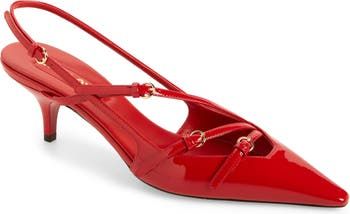 Elegant Patent Leather Slingback Kitten Heels, Chic Miu Miu Low Heel Heels, Elegant Low Heel Miu Miu Heels, Miu Miu Elegant Low Heels, Elegant Miu Miu Low Heel Heels, Elegant Miu Miu Low Heels, Miu Miu Slingback Heels With Heel Strap, Miu Miu Low Heel Luxury Heels, Miu Miu Slingback Heels For Formal Occasions