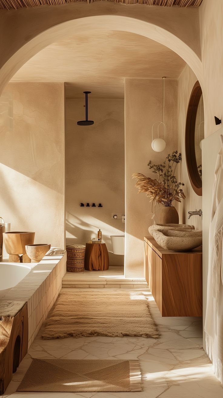 an archway leads into a bathroom with two sinks and a bathtub