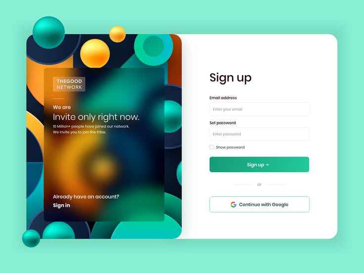 the sign up page for an event with colorful circles and bubbles on it, as well as a login form