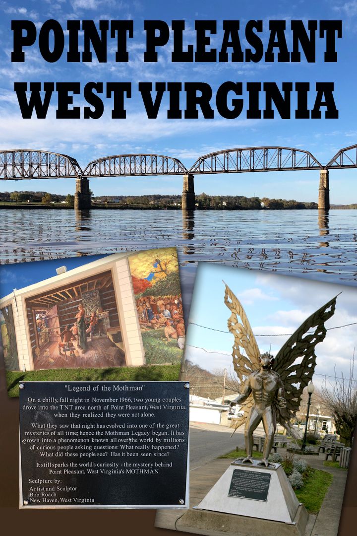 the front cover of point pleasant west virginia, with an image of a statue and bridge in the background