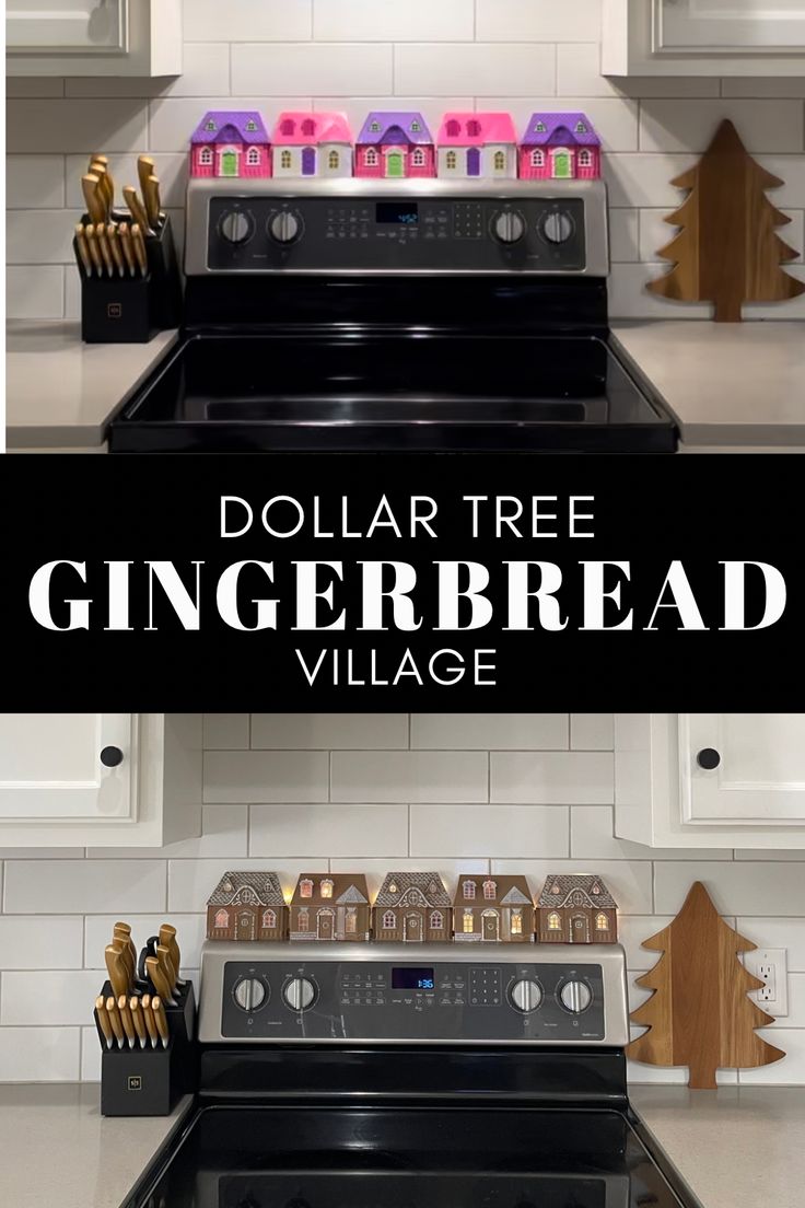 dollar tree gingerbread village is on the counter in this kitchen with white cabinets and black appliances