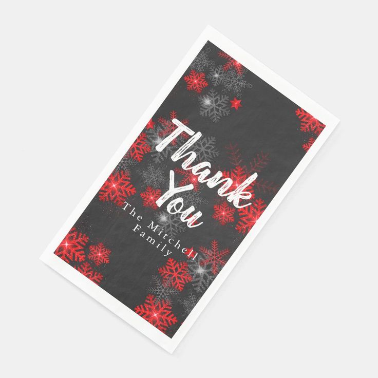 a thank card with red snowflakes and the words, thank you on it