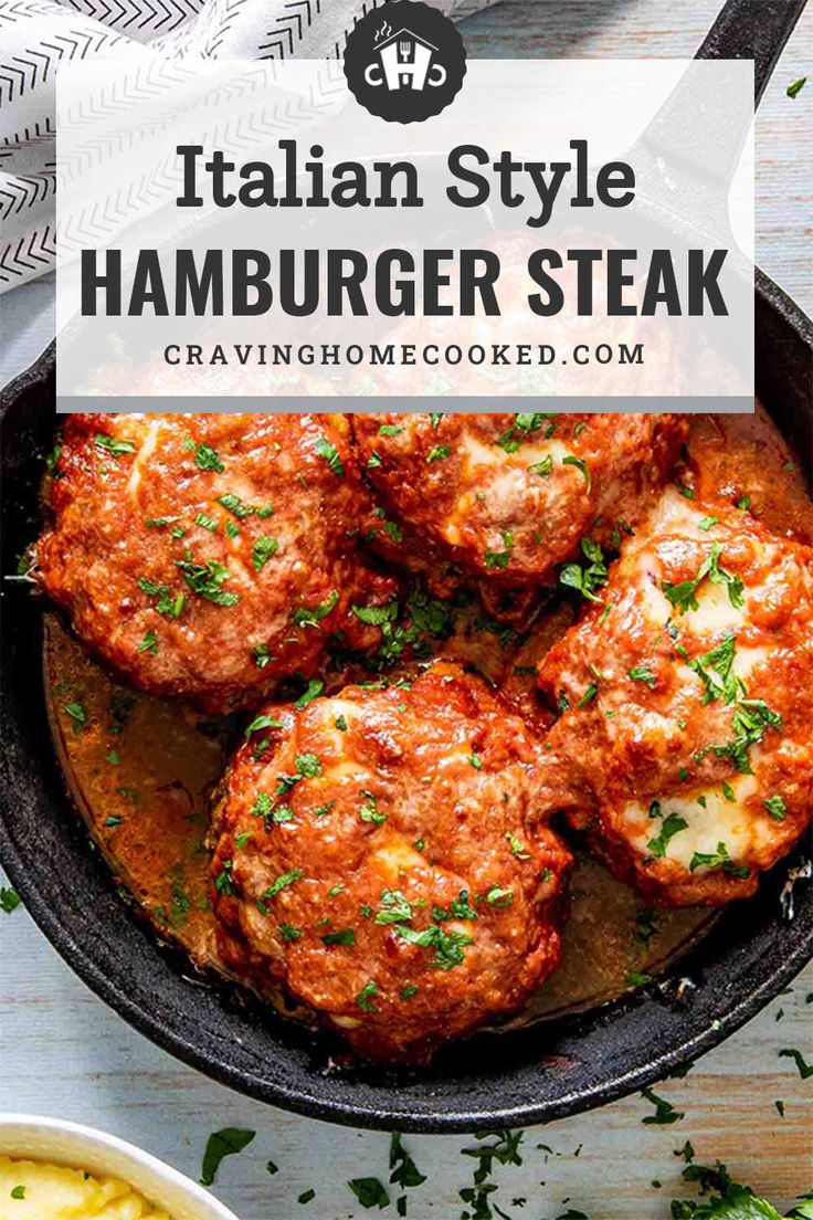 italian style hamburger steak in a skillet with sauce and parsley on the side