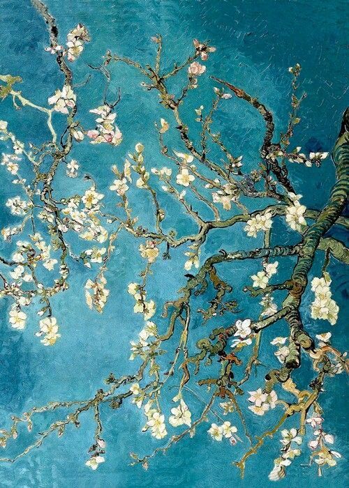 an image of a painting with flowers on the branches and blue sky in the background