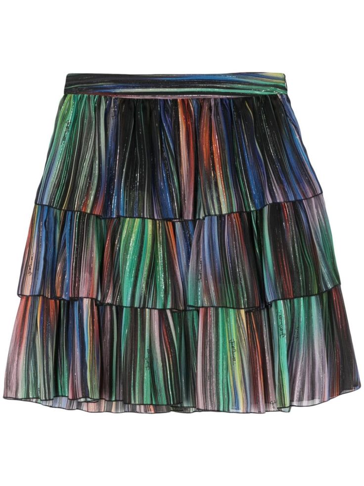 multicolour metallic threading stripe pattern high-waisted fully ruffled concealed side zip fastening Weird Clothes, Basic Clothing, Edgy Glam, Dope Clothes, Crazy Outfits, Striped Skirt, Just Cavalli, Dope Outfits, Roberto Cavalli