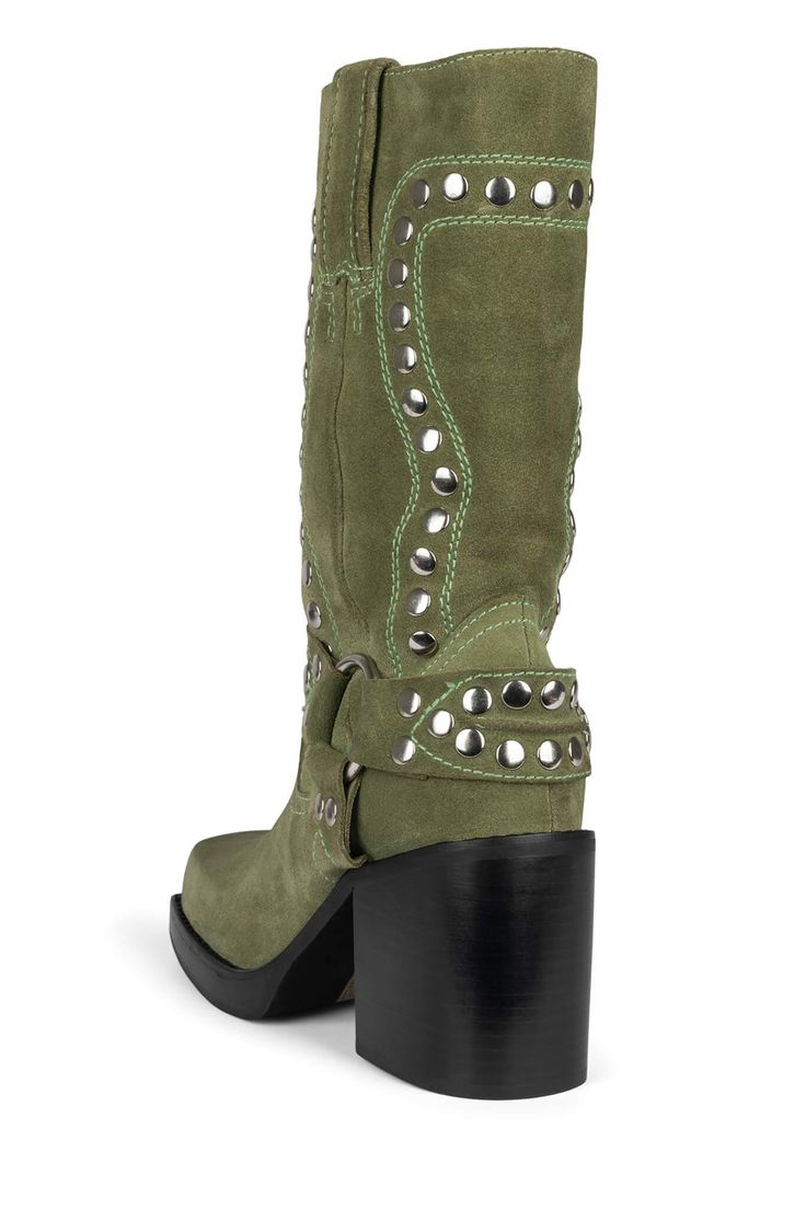 Square-toe mid-calf heeled western boot with stud detail and harness Fits true to size Measurements taken from a size 7 3.25" Heel, 0.75" Platform 10" Shaft, 14" Opening Leather Upper, Leather Lining, Synthetic Sole Silver Boots, Square Toe Boots, Western Boot, Green Suede, Crazy Shoes, Blue Suede, Cowgirl Boots, Ball Dresses, Dusty Blue