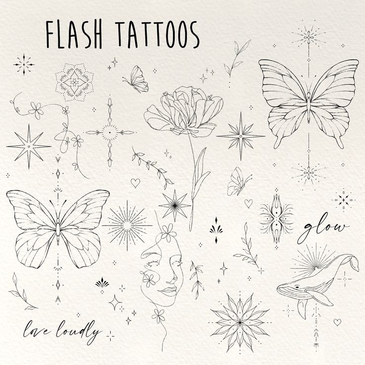 the flash tattoos are drawn in black ink on white paper, with flowers and butterflies