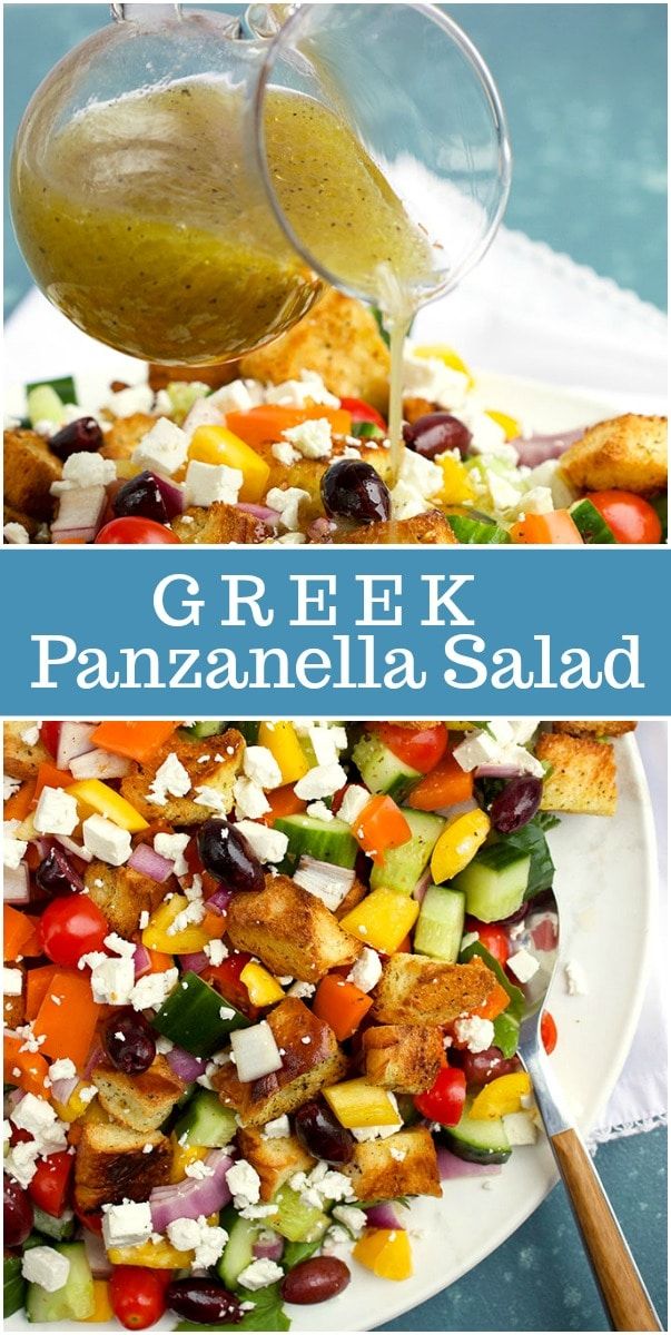 greek salad with dressing being drizzled over it and then topped with feta cheese