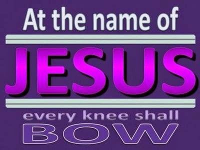 the name of jesus, every knee shall bow at the name of jesus on a purple background