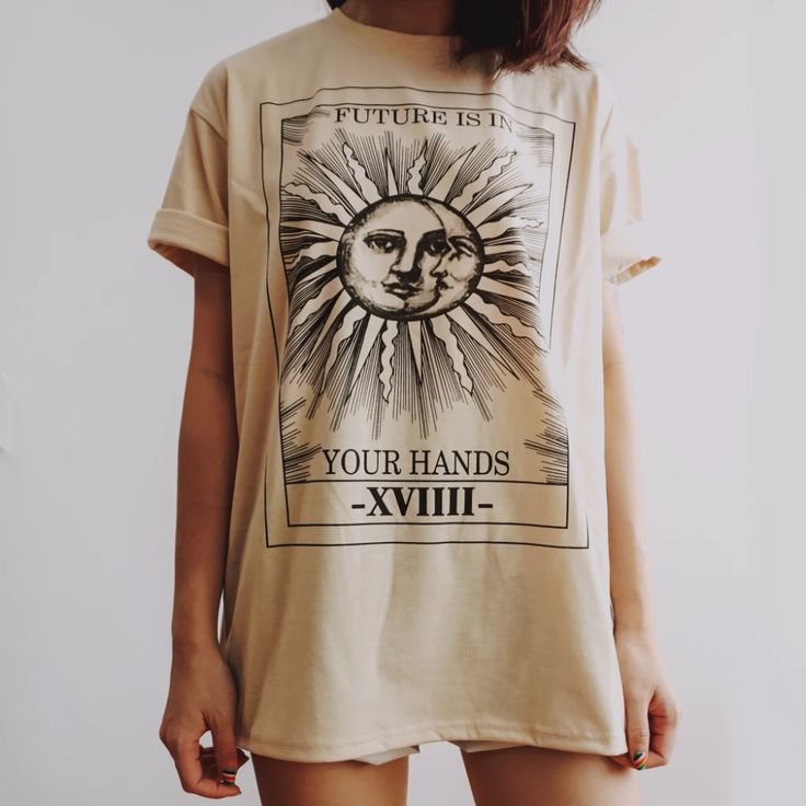 Sun & Moon Graphic Tee (Beige) – Megoosta Fashion Beige Screen Print T-shirt For Summer, Summer Beige T-shirt With Screen Print, Beige Summer Top With Screen Print, Beige Graphic Print Shirt For Summer, Beige Shirt With Graphic Print For Summer, Cotton Summer Tops With Moon Print, Beige Graphic Print Shirt With Relaxed Fit, Cream Graphic Print Top For Summer, Beige Relaxed Fit Shirt With Graphic Print