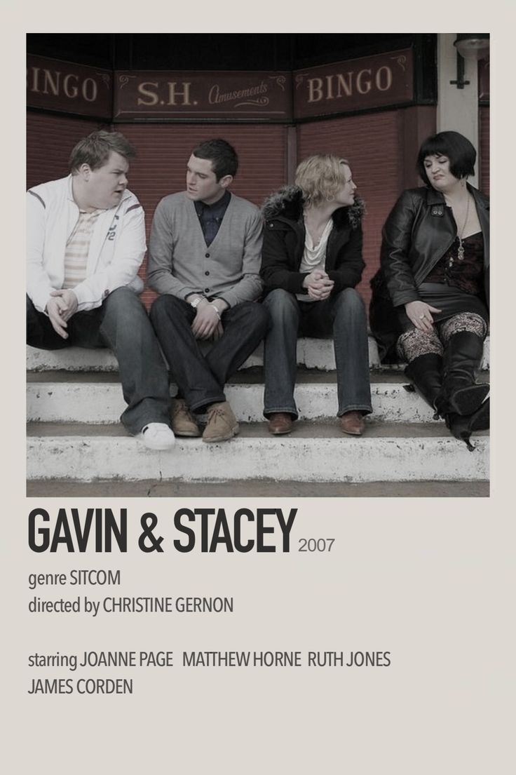 a group of people sitting on steps in front of a building with the words gavin & stacey