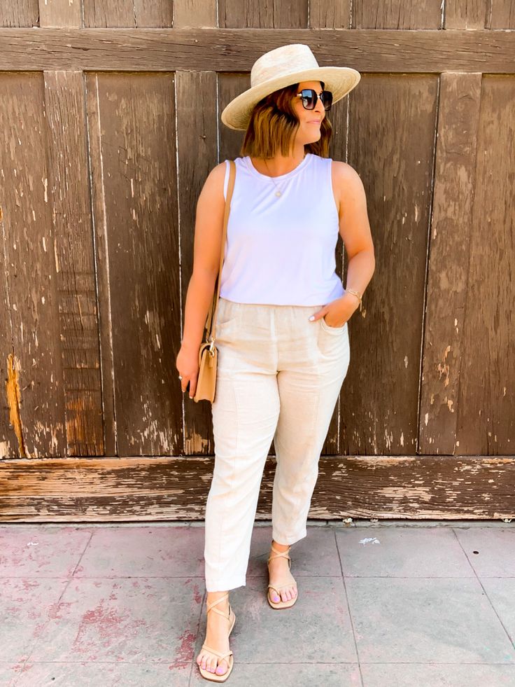 Summer Ootd, Ootd Summer, Linen Pants, Basic Tank, Summer Wardrobe, Panama Hat, White Jeans, Old Navy, Ootd