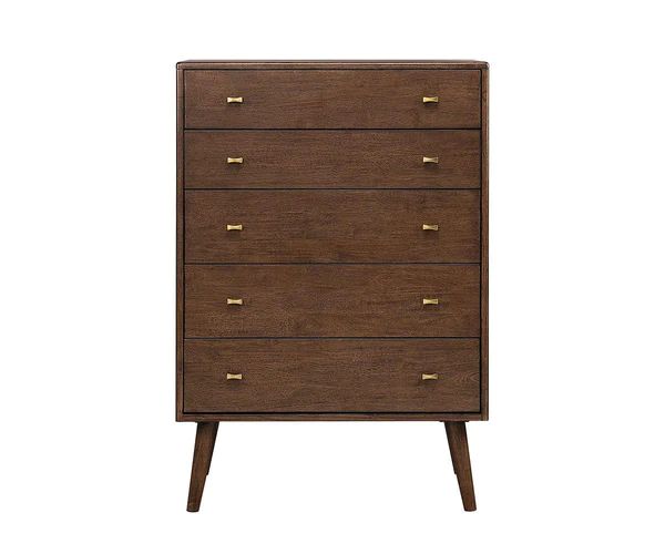 the chest of drawers is made from wood and has brass handles