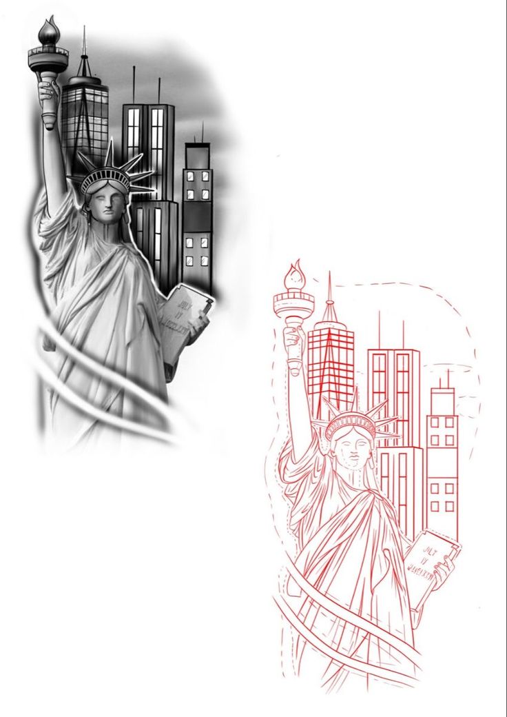 the statue of liberty is depicted in this black and white photo with red ink on paper