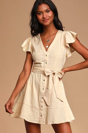 Dresses for Women | Best Women's Dresses Online Casual Summer Dresses Sundresses, Beige Summer Dress, Girl Outfit Ideas, Waist Sash, Beige Dress, Cotton Sundress, A Line Mini Skirt, Beige Dresses, Short Sleeve Mini Dress