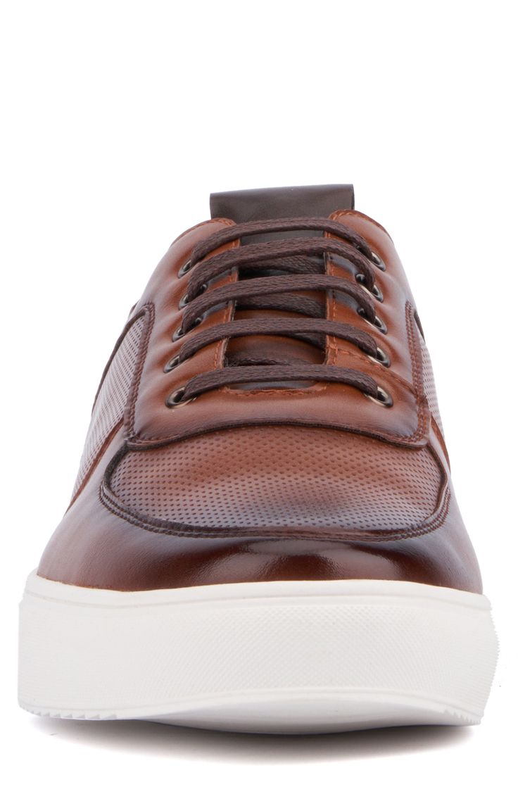 A faux-leather upper elevates a casual sneaker with a low profile that's perfect for everyday wear. Synthetic upper, lining and sole Imported Leather Low-top Sneakers For Fall, Modern Leather Sneakers For Fall, Classic Brown Sneakers For Fall, Brown Low-top Sneakers For Fall, Brown Low-top Fall Sneakers, Brown Leather Sneakers With Removable Insole, Brown Sneakers With Contrast Sole For Fall, Fall Brown Sneakers With Contrast Sole, Casual Sneakers With Perforated Toe Box In Brown