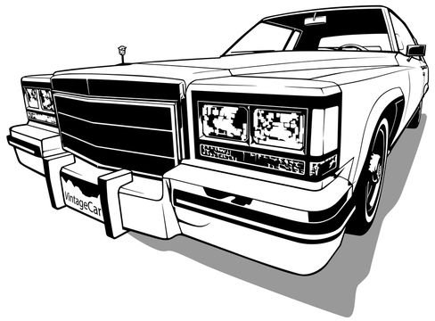 a black and white drawing of a car with the license plate on it's bumper