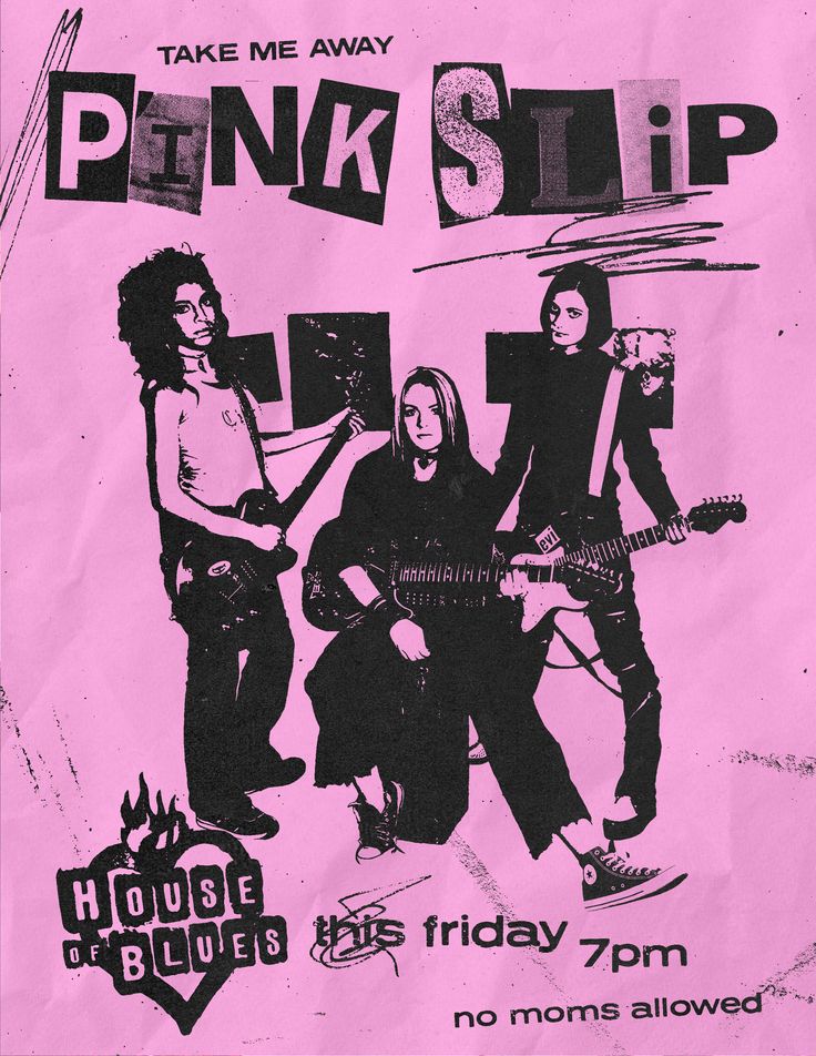 a pink poster with the band pink slip on it's front and back sides