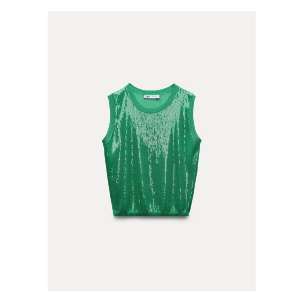 Round neck tank top. Sequin appliqués. Casual Sleeveless Party Top, Casual Sleeveless Top For Party, Trendy Sleeveless Sequin Tops, Green Crew Neck Vest For Summer, Trendy Knit Tank Vest Top, Trendy Sleeveless Sequined Crop Top, Trendy Sleeveless Crop Top With Sequins, Trendy Sequin Tank Top For Summer, Trendy Green Tank Top For Night Out