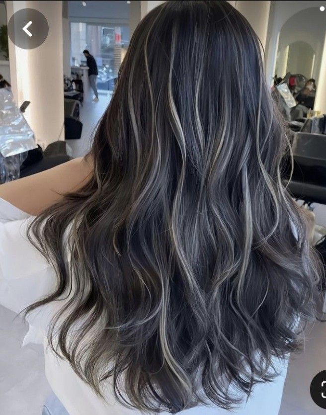 Black With Ashy Highlights, Silver Highlights Hair, Black And Ash Blonde Hair, Ash Grey Highlights On Black Hair, Black Hair Balayage Ashy Grey, Ash Brown Babylights On Black Hair, Ashy Blonde Highlights On Dark Hair, Black Hair With White Highlights, Dark Brown Hair With Ashy Highlights