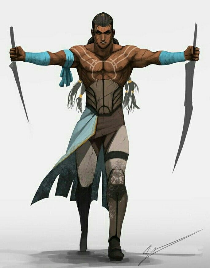 an animated man holding two large knives in one hand and another with his arms stretched out