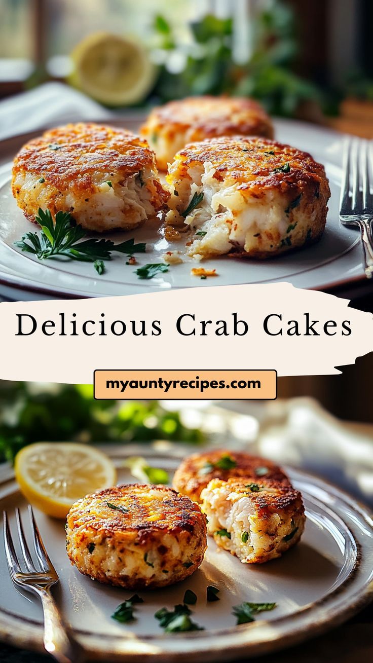 crab cakes on a plate with lemon wedges