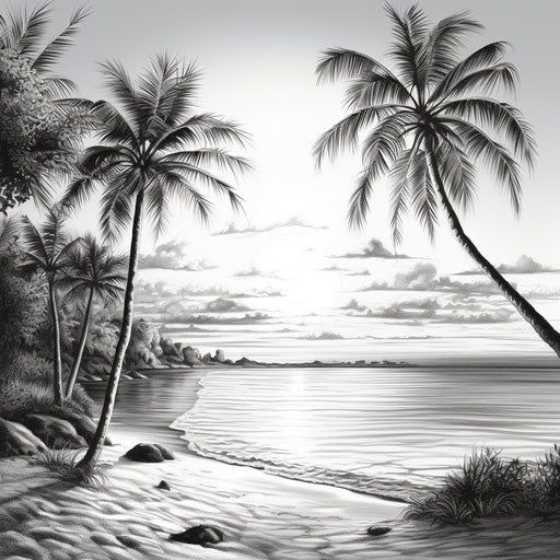 a black and white drawing of palm trees on the shore of a beach at sunset