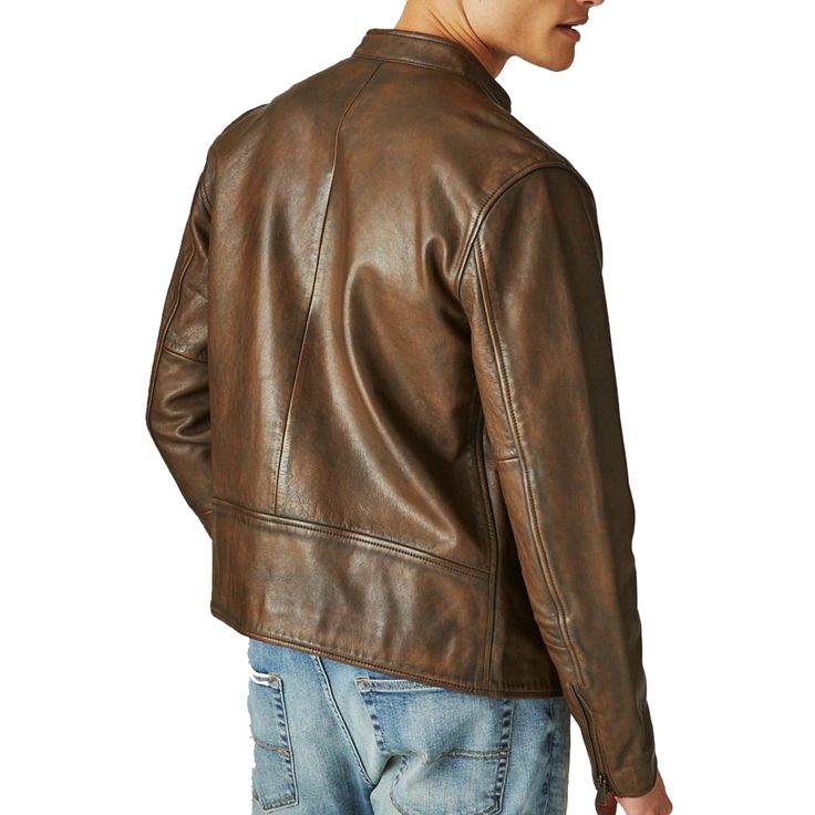 Men's Distressed Motorcycle Leather Jacket In Brown Embrace the road with the men's distressed motorcycle leather jacket in a rugged brown. This jacket is crafted from semi-aniline sheepskin leather, featuring a distressed vintage look for an authentic biker feel. It comes with a band collar, zip cuffs, and a secure zipper closure. Lined with soft viscose for comfort, it has one inside pocket and four exterior zip pockets, blending functionality with a classic motorcycle aesthetic. Outer Shell: Rugged Brown Leather Jacket, Rugged Brown Outerwear For Motorcycling, Vintage Brown Biker Jacket For Fall Events, Rugged Distressed Brown Leather Biker Jacket, Distressed Brown Moto Leather Jacket, Distressed Moto Leather Jacket For Fall, Rugged Brown Biker Jacket For Winter, Moto Style Distressed Brown Leather Jacket, Rugged Distressed Brown Leather Outerwear