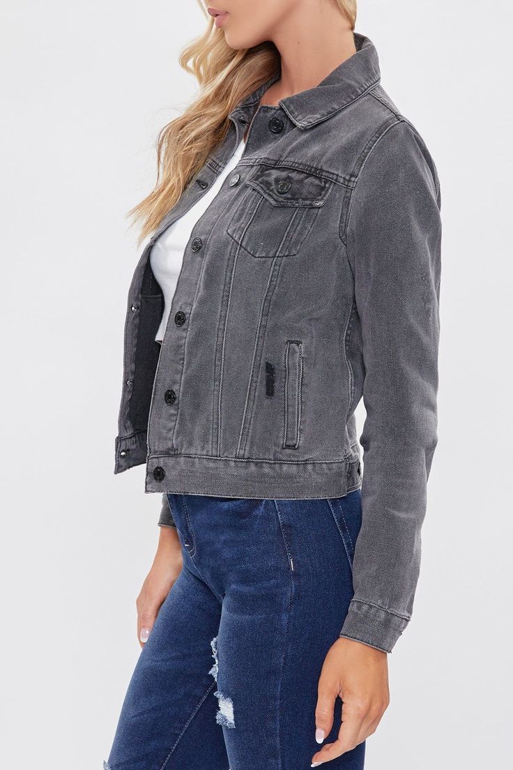 Keep it cool & keep it casual in our Women's Classic Fit Denim Jacket. Designed to fall just above the waist and showcase subtle distressed detailing for that edgy feel. Featuring buttoned flap pockets on front, functional side pockets, 6 button front closure, a classic collar, and button-cuff long sleeves. Due to the nature of the novelty wash process and hand-crafted design, each garmet will have a unique appearance. Measurement (Based on size M) - Sleeve Length (From shoulder seam): 22” - Length: 19” - Chest: 19” Composition For Color S582, K582 and C582: - 90% Cotton/ 6% Rayon/ 4% Polyester Composition For Color N1746, X1745, and J1744: - 81% Cotton/ 9% Rayon/ 10% Polyester • Machine wash cold. • Model is wearing a size S in colors S582, K582, X1745, N1746, J1744 and C582. Casual Washed Denim Jacket For Fall, Edgy Medium Wash Denim Jacket, Edgy Denim Blue Outerwear With Pockets, Edgy Medium Wash Outerwear For Fall, Trendy Faded Denim Jacket For Fall, Everyday Washed Denim Jacket For Fall, Casual Distressed Denim Jacket For Fall, Edgy Medium Wash Denim Jacket With Pockets, Light Wash Utility Denim Jacket For Fall