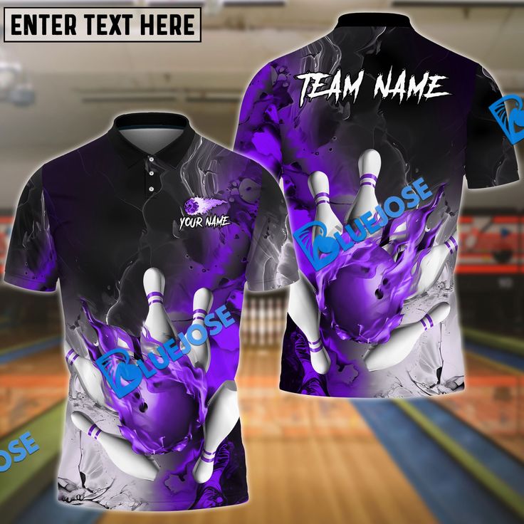 the bowling jersey is purple and black with white letters on it, while an image of bowling