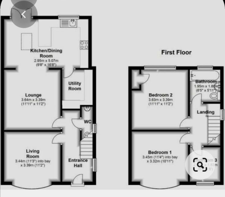 two story house plans with ground floor and first floor area in black and white colors