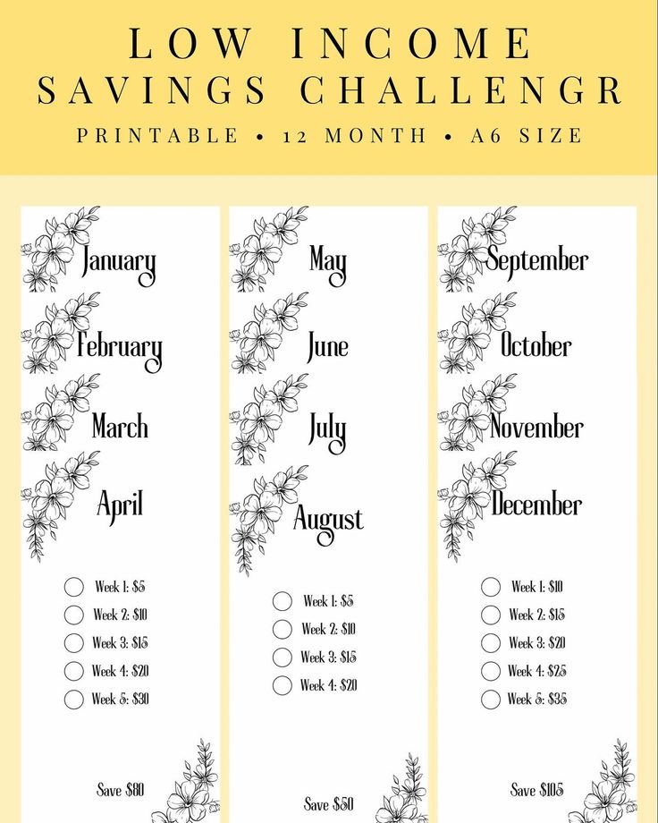 a yellow and black printable bookmark with the words low income savings challenge