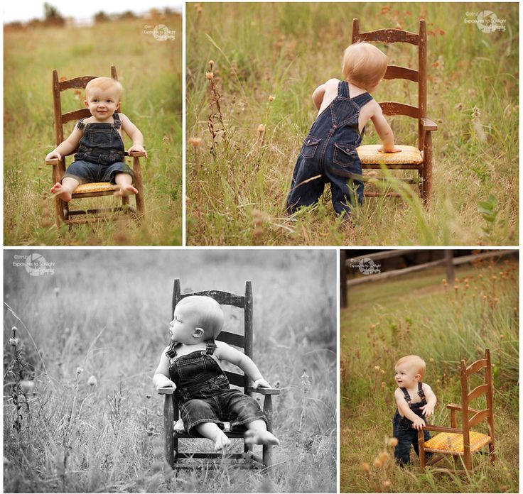 four pictures of a toddler sitting on a chair in the middle of some tall grass