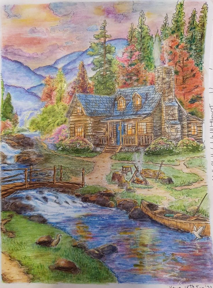 a painting of a cabin by the water