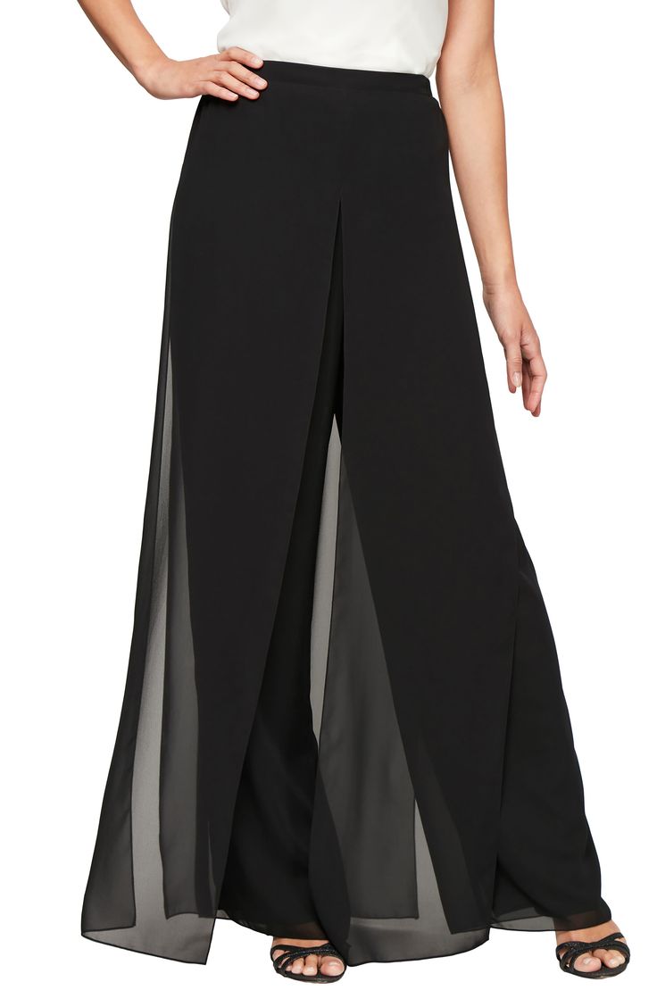 Country Wedding Guest Dress, Outfit Petite, Sheer Pants, Chiffon Pants, Professional Wear, Alex Evenings, Wide Leg Dress Pants, Pantalon Large, Elastic Waist Pants