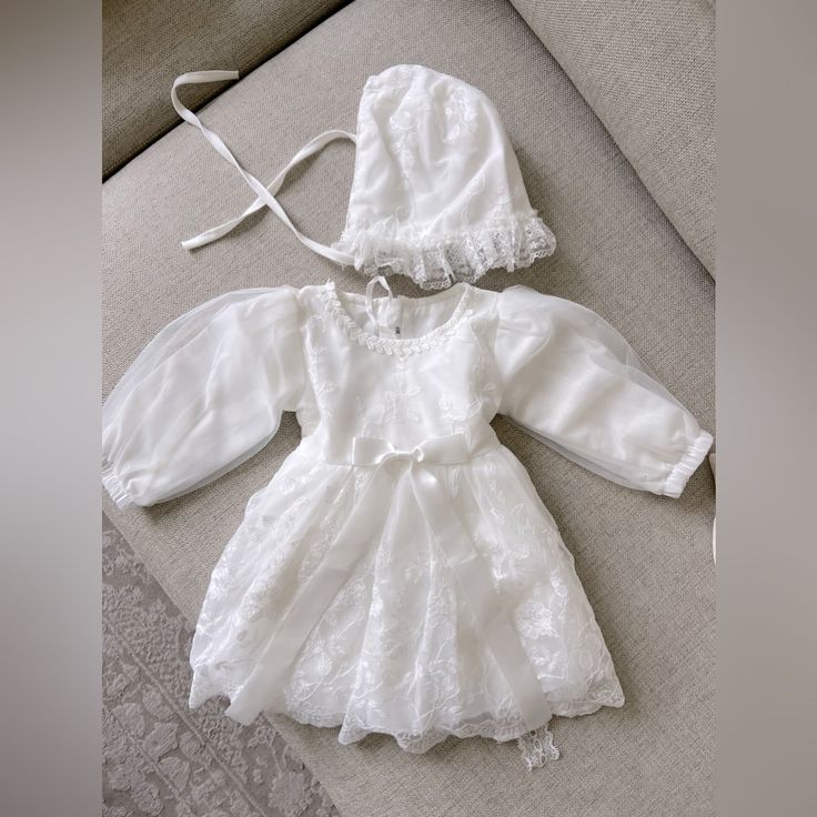 Nwot, Bought On Etsy And Too Big For Daughter So Had To Buy Another Size And Couldn’t Return This One Fitted Long Sleeve Baptism Dress For Spring, Fitted Long Sleeve Baptism Dress, Cute Long Sleeve Baptism Dress, Cute Fitted Bubble Romper For Baptism, White Long Sleeve Dress-up Sets, Long Sleeve Baptism Dress With Lace Trim, Elegant Off-white Baptism Dress With Ruffles, Cream Princess-style Baptism Dress, Christening Dress